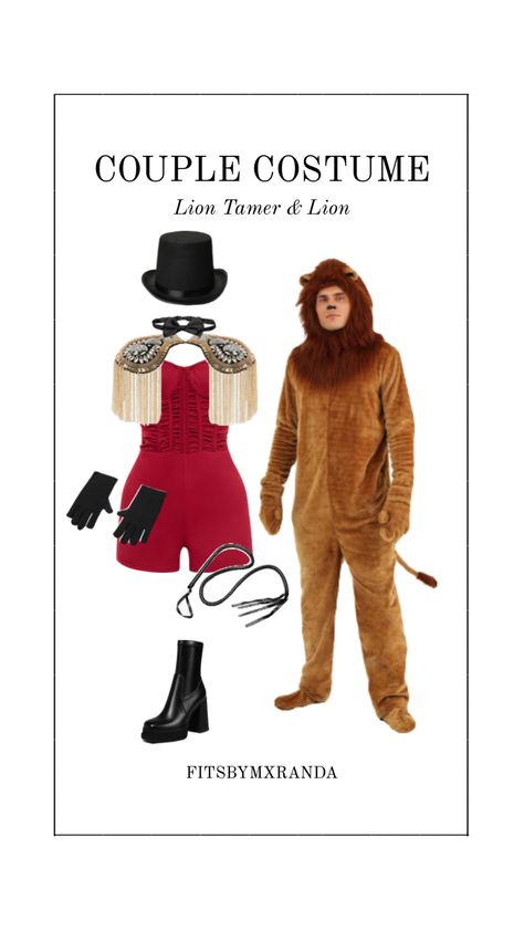 Couple Costume | Lion Tamer & Lion | #outfitinspo #halloween #halloweenaesthetic #halloweencostume #couplecostume Diy Lion Tamer Costume Women, Lion Tamer Costume, Costume Lion, Lion Halloween Costume, Lion Couple, Lion Tamer, Lion Costume, Couple Costume, Sorority Events