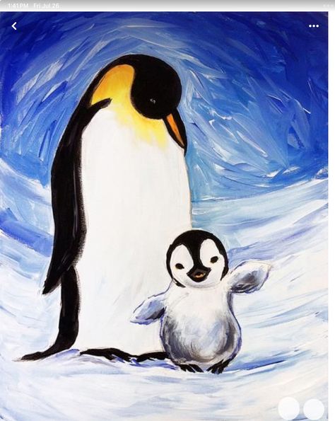 Penguin Paintings, Penguin Painting, Christmas Paintings On Canvas, Penguin Art, Paint Nite, Texture Painting On Canvas, Paintings On Canvas, Animal Canvas, Night Painting