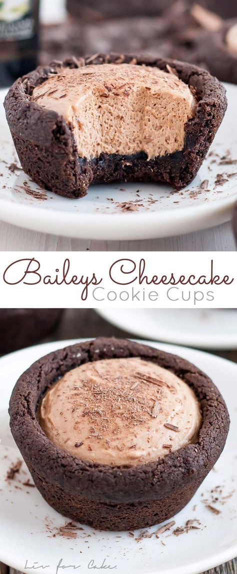 Chocolate cookie cups filled with a chocolate Baileys cheesecake. The perfect bite-sized indulgence! | livforcake.com via @livforcake Cheesecake Cookie Cups, Chocolate Cookie Cups, Biscotti Cheesecake, Cheesecake Cookie, Baileys Cheesecake, Chocolate Baileys, Cookie Cups Recipe, Baileys Recipes, Dessert Mini