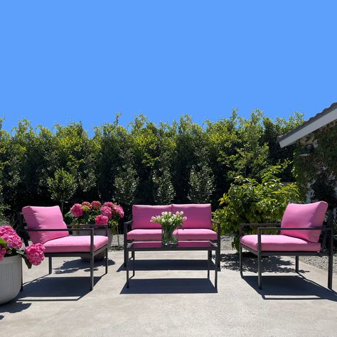 angelo:HOME Palm Grove Collection - Bed Bath & Beyond - 40503934 Pink Patio Furniture, Desert Patio, Pink Patio, Outdoor Seating Set, Barbie Core, Grey Frame, Patio Sectional, Palm Desert, Canopy Tent