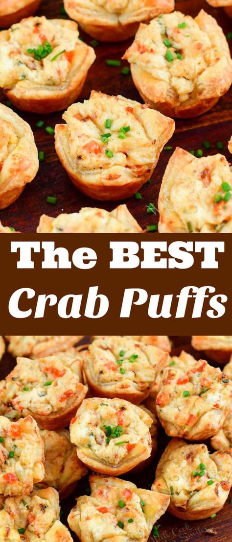 These homemade Crab Puffs are absolutely addicting, filled with an unbelievably delicious creamy crab mixture that’s made with lump crab meat, like cream cheese, parmesan cheese, veggies, and SO much more. Crab Filling Recipe, Puff Pastry Crab Rangoon, Creamy Crab Snacks, Crab Puffs Recipe Cream Cheese Wontons, Lump Crab Appetizer, Crab Puff Pastry Appetizers, Appetizers With Crab Meat, Crab Appetizers For Party, Imation Crab Recipes Cream Cheeses