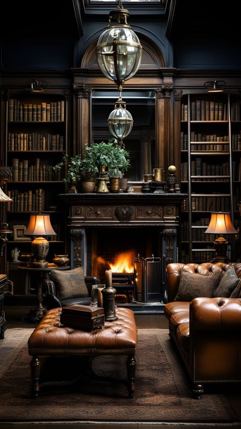 Black Home Library, Peaky Blinders Home Aesthetic, Home Library Fireplace, Gentleman Club Interior, Dark Library Room, Speakeasy Library, Gentlemans Study Home Libraries, Old Library Room, Dark Academia Study Room