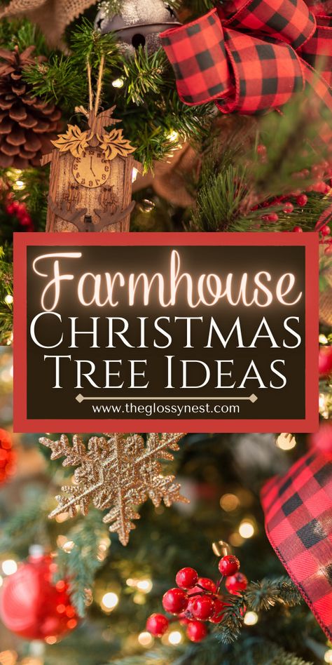 farmhouse christmas tree ornaments, buffalo check plaid ribbon, snowflake, berries, pine cones, lights Flocked Christmas Trees With Red, Navy Buffalo Check Living Room, Cabin Christmas Tree Decor, Christmas Garland Ideas For Tree, Farmhouse Plaid Christmas Tree, Christmas Tree Ideas Country Rustic, Christmas Tree Farmhouse Theme, Christmas Tree Rustic Theme, Simple Rustic Christmas Tree Decorations