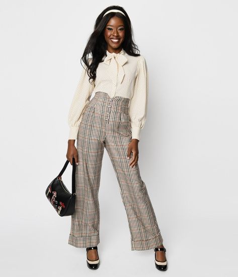 Unique Vintage Beige Plaid Buttoned Wide Leg Trousers - Unique Vintage - Womens, BOTTOMS, PANTS Plaid Trousers Outfit, Teacher Appropriate Outfits, Olive Pants Outfit, 1940s Fashion Women, The 50s Fashion, 1940s Looks, 1940s Outfits, Uv Clothing, Legs Outfit