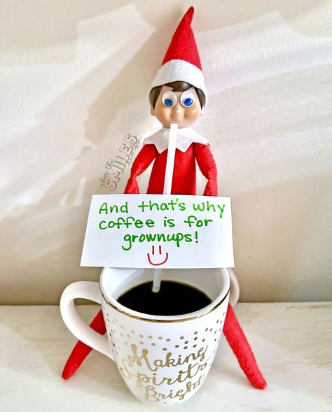 Easy Elf on the Shelf Idea: That's why coffee is for grownups! Elf Drinking Coffee, Elf On Shelf Coffee Ideas, Elf On The Shelf Coffee Shop, Elf On The Shelf Ideas With Cups, Elf In Kitchen, Elf On The Shelf School Cafeteria, Elf On The Shelf Coffee Ideas, Elf On The Shelf Starbucks, Elf On The Shelf Coffee