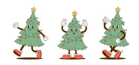 Christmas Retro Illustration, Happy New Year Decoration, Christmas Tree Cartoon, Xmas Cartoon, Xmas Illustration, Christmas Tree Illustration, Retro Mascot, Cartoon Christmas Tree, Funny Christmas Tree