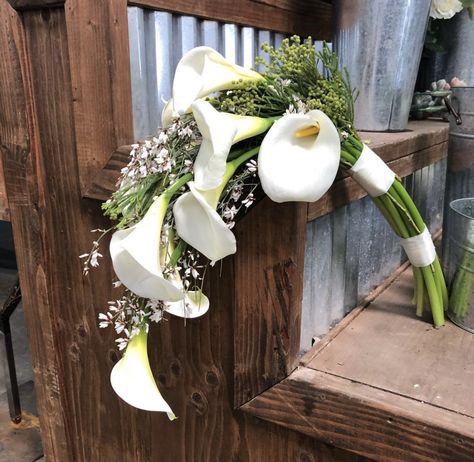 Long Stem Calla Lily Bouquet, Calla Lily Centerpieces, White Calla Lily Bouquet, Trailing Bouquet, Calla Lily Bridal Bouquet, White Calla Lilies, Calla Lily Bouquet Wedding, Oregon Coast Wedding, Calla Lily Bridal