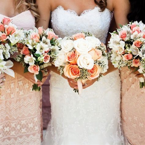 Bride held a bouquet of peach roses and ivory statice; the bridesmaids carried peach roses and alstroemeria. Ombre Bouquet Wedding, Ombre Bouquet, Ivory Bridal Bouquet, Sky Ranch, Light Blue Wedding, Cream Wedding, Coral Wedding, Lodge Wedding, Peach Wedding