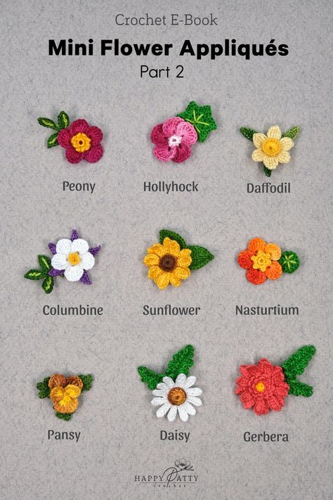 Happy Patty Crochet · Realistic Crochet Flowers & Patterns Mini Flowers Crochet, Crochet Mini Flowers, Daffodil Crochet, Mini Crochet Flowers, Mini Crochet Flower, Crochet Peony, Crochet Flower Applique, Appliques Au Crochet, Mini Carnations