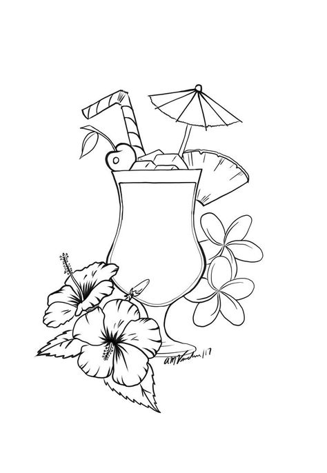 Pina Colada Tattoo Design, Pineapple Drink Tattoo, Tropical Drink Tattoo, Pina Colada Drawing, Draw Cocktail, Pina Colada Tattoo, Cuba Tattoo Ideas, Cocktail Doodle, Mojito Tattoo