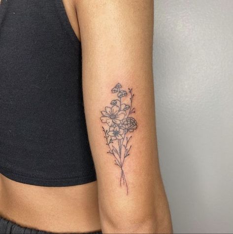 Different Flower Bouquet Tattoo, Back Of Arm Birth Flower Tattoo, Back Arm Flower Tattoo Women, Flower On Bicep Tattoo, Realism Flower Bouquet Tattoo, Woman’s Bicep Tattoo, Flowers On Inner Arm Tattoo, Birth Flower Tattoo Back Of Arm, Floral Tattoo On Back Of Arm