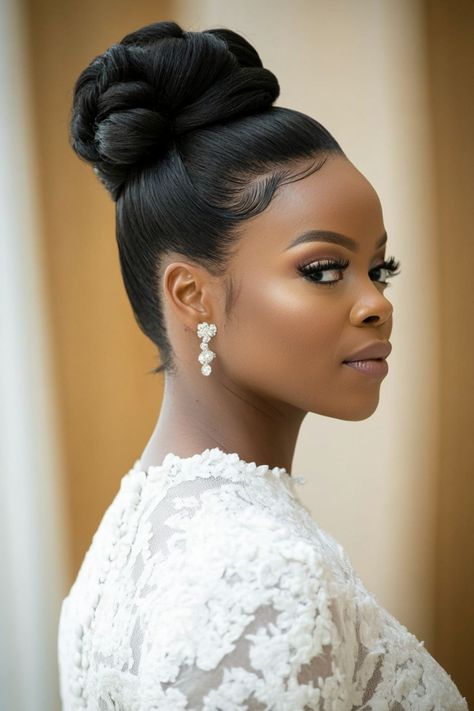 These 37 high bun wedding hairstyles are pure elegance! Perfect for showcasing long necklines, dramatic earrings, and sparkling veils, these buns create a flawless bridal vibe. Make your wedding day look unforgettable—click to explore them all! #bridalglow #weddingupdoideas #highbunlooks High Bun Wedding Hair With Veil, High Bun Styles, High Bun Bridal, Bun Bridal Hairstyles, High Bun Wedding Hair, Bun Wedding Hairstyles, High Bun Wedding Hairstyles, High Bun Wedding, Sparkle Veil