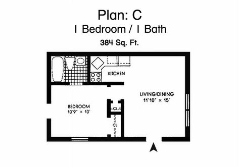 Morningside Gardens One Bedroom Apartment Floor Plan - 1 Bed, 1 Bath, 384 Sq. Ft. One Bed Apartment Floor Plan, Studio Apartment Floor Plans, 1 Bedroom House Plans, Granny Pods, One Bedroom House, Apartment Floor, Granny Flats, Apartment Floor Plan, Cabin Floor Plans