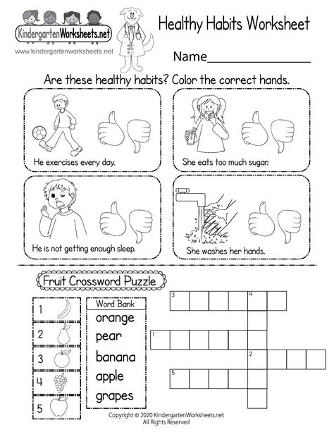 Are these healthy habits? In this free health worksheet, kids have determine what habits are good for everyday health. There is also a fruit crossword puzzle that can reinforce healthy eating habits. Healthy Habits Worksheet, Habits Worksheet, Healthy Habits Activities, Healthy Habits For Kids, Health Worksheets, Health Teacher, Free Kindergarten Worksheets, Worksheet For Kids, Learning Worksheets