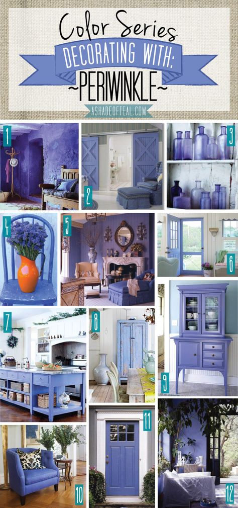 Color Series; Decorating with Periwinkle. Periwinkle Purple Lavender blue violet home decor | A Shade Of Teal Periwinkle Blue Bedroom Ideas, Periwinkle Blue Living Room, Periwinkle Bedroom Ideas, Periwinkle Bedroom, Vibeke Design, Periwinkle Purple, Inspiration Pics, Hm Home, Farmhouse Side Table