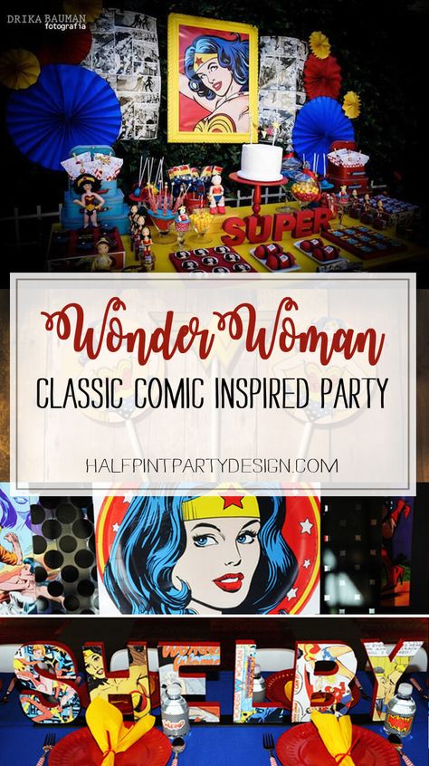 A classic take on Wonder Woman with a retro vibe. Love the comic art. Comic Wonder Woman Party | Halfpint Design, party ideas, party themes Design Party Ideas, Comic Wonder Woman, Wonder Woman Birthday Party, Women Party Ideas, Wonder Woman Party, Wonder Woman Birthday, Woman Birthday, Woman Birthday Party, Family Board