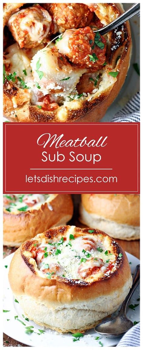 Meatball Sub Soup Recipe: Beef meatballs in a tomato based broth are cooked in hollowed out bread bowls, then topped with tons of gooey melted cheese. All the flavors of a meatball sub in a delicious, hearty soup! #soup #meatballs #recipes #meatballsub Meatball Sub Soup, Soup With Bread Bowl, Best Bread Bowl Soups, Beef Meatball Soup Recipes, Bread Bowl Recipe Soup, Bread Bowls Soup, Soup In A Bread Bowl, March Recipes, Bread Bowl Soup