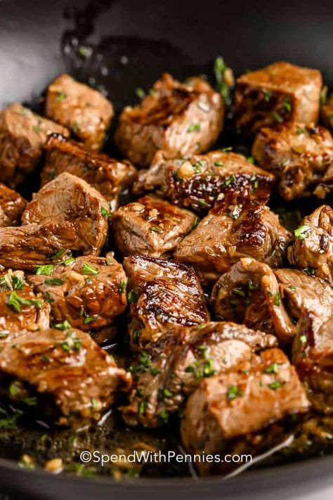 Garlic butter steak bites taste great as an appetizer or even as an entrée. Kids and adults love them and they're perfect for dipping! #spendwithpennies #steakbites #recipe #appetizer #garlicbutter #tender #best #easy #marinated #keto Air Fryer Steak Bites, Steak Marinades, Garlic Butter Steak Bites, Butter Steak Bites, Steak Bites Recipe, Garlic Steak, Air Fryer Steak, Butter Steak, Easy Steak