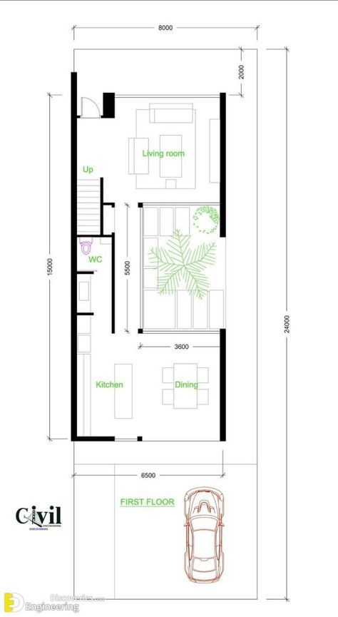 House Plans 6.5×15 With 3 Bedrooms - Engineering Discoveries 6 X 15 House Plan, Small Courtyard House, Minimal House Plan, House Plans With Courtyard, Tropical House Plans, Atrium House, Narrow House Designs, Elegant House, Narrow House Plans