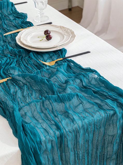 1pc Table Flag In Teal Cheese Cloth Fabric With Bohemian Balinese Rustic Wedding Party Table DecorationI discovered amazing products on SHEIN.com, come check them out! Sheer Table Runner, Cheese Cloth Table Runner, Cloth Table Runner, Table Runner For Wedding, Cheesecloth Table Runner, Party Cake Table, Birthday Party Table Decorations, Wedding Party Table Decorations, Birthday Table Decorations