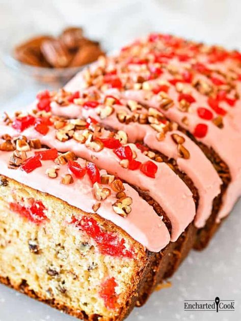 Easy Cherry Pecan Loaf Cake | Encharted Cook Cherry Pecan Cake, Cherry Loaf Cake, Cherry Frosting, Nut Loaf, Loaf Cake Recipes, Basic Cake, Leftover Cake, Pecan Cake, Cherry Cake