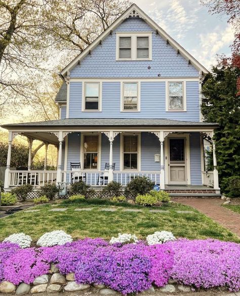 Blue House With Wrap Around Porch, White House Blue Shutters Wrap Around Porch, Blue House Wrap Around Porch, Wrap Around Porch Cottage, Small Farmhouse Porch, Big Garden Design, Garden Design Cottage, Blue Farmhouse Exterior, Blue House White Trim