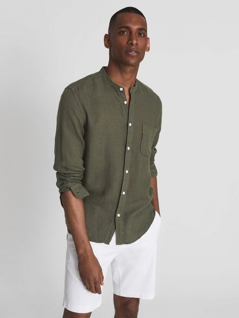 Reiss Olive Ocean Linen Grandad Collar Shirt - REISS Coloured Jeans, Light Color Jeans, Grandad Collar Shirt, Ocean Shirt, Short Sleeve Linen Shirt, Photo Outfit, Collar Shirt, Collar Shirts, Linen Shirt