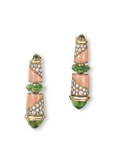 A PAIR OF CORAL, PERIDOT AND DIAMOND EAR CLIPS, BY BULGARI Bulgari Jewelry, Conch Jewelry, 29 November, Bvlgari Jewelry, Extraordinary Jewelry, Art Jewelry Design, Citrine Jewelry, Peridot Jewelry, Antique Diamond Rings