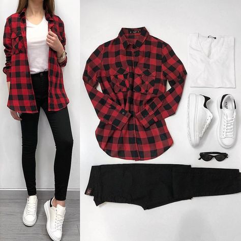 Red Checkered Shirt Outfit, Red And Black Flannel Outfit, Checkered Shirt Outfit Women, Red Flannel Shirt Outfit, Red Checked Shirt Outfit, Outfit Vestido Rojo, Checkered Shirt Outfit, Checked Shirt Outfit, Black Shorts Outfit