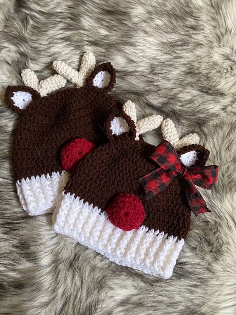 Kids Christmas Hats, Crochet Animal Hat, Crochet Reindeer, Crochet Christmas Hats, Reindeer Hat, Baby Winter Hats, Hats For Kids, Christmas Hats, Cute Reindeer