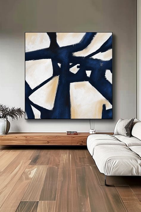 Original handmade navy blue and white abstract painting with bold brushstrokes on canvas, customizable wall art for modern home decor White Abstract Wall Art, Dark Blue Living Room, Living Room Painting, Dynamic Composition, Room Painting, Abstract Wall, Abstract Wall Art, Brush Strokes, Abstract Painting