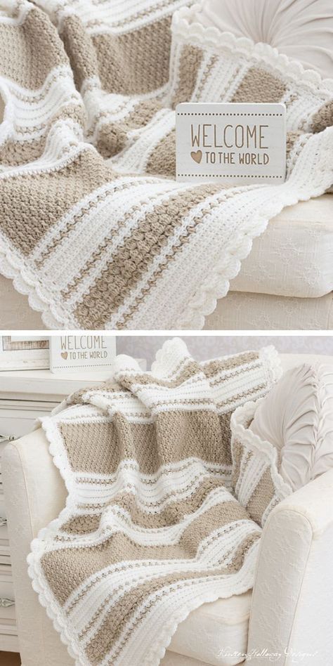 Striped Crochet Blanket Patterns For Beginners - Pattern Center Two Color Crochet Blanket Pattern, Crochet Beige Blanket, Striped Crochet Blanket Pattern Free, Unisex Baby Blanket Crochet, Crochet Baby Blanket Gender Neutral, Soft Baby Blanket Crochet Pattern, Crochet Blankets For Beginners, 2 Color Crochet Blanket Pattern, Neutral Crochet Blanket