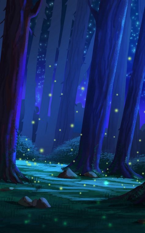 Blue Forest Illustration, Forest At Night Art, Forest At Night Illustration, Glowing Forest Art, How To Draw Forest Background, Night Forest Drawing, Fantasy Forest Illustration, Forest At Night Painting, Aesthetic Forest Background