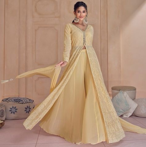 Cream Pure Georgette designer dress skirt style with detailed embroidery Suit Designs Indian Style, Bridal Dupatta, Long Anarkali, Long Gown Design, Anarkali Dress Pattern, Abaya Style, Long Kurti Designs, Anarkali Gown, Kurti Designs Party Wear