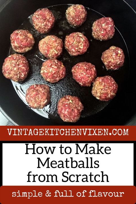 Homemade Meatballs: a Cast Iron Skillet Recipe - Vintage Kitchen Vixen Meatballs Cast Iron Skillet, Best Way To Cook Meatballs, How To Make Homemade Meatballs, How To Make Meatballs With Ground Beef, How To Cook Meatballs On The Stove, Cast Iron Meatballs, How To Make Meatballs For Spaghetti, Meatball Skillet Recipes, Homeade Meatballs