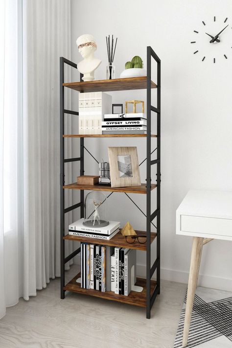 BENOSS 5 Tier Vintage Bookshelf Wood and Metal Frame Bookcase Shelf Industrial Storage Organizer Modern Display Shelf Rack Open Standing Shelving Unit for Bedroom Living Room and Home Office Wood And Metal Bookcase, Metal And Wood Bookshelf, 5 Tier Bookshelf, Bookshelf Wood, Wood And Metal Shelves, Shelf Industrial, Metal Bookshelf, Vintage Bookshelf, Metal Bookcase