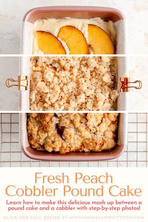 This tasty loaf is a mash-up of the best peach pound cake has to offer and a classic crisp-topped, hint-of-cinnamon fruity cobbler! Peach Cobbler Loaf, Peach Cobbler Pound Cake Recipe, Pound Cake Loaf, Peach Pound Cake, Peach Cobbler Pound Cake, Fresh Peach Cobbler, Peach Pound Cakes, Cake Loaf, Pound Cake Recipe