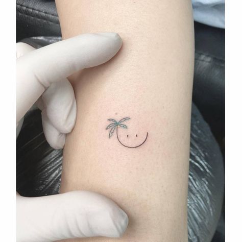 Minimalistic style palm tree smiley tattoo located on Coconut Tattoo Minimalist, Coconut Tattoo, Smiley Tattoo, Tiny Tats, Palm Tree Tattoo, Minimalistic Style, Face Tattoo, Abstract Tattoo, Tree Tattoo