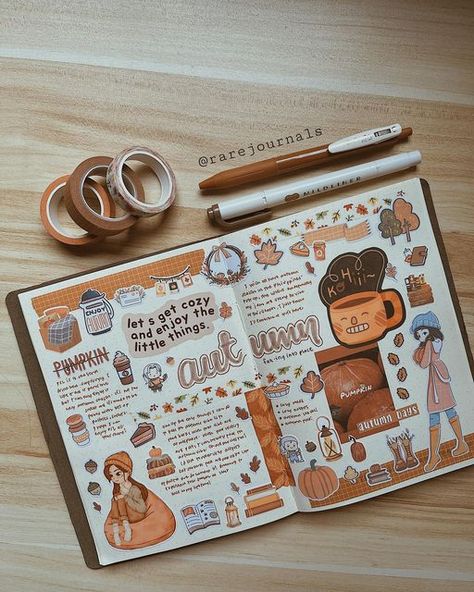 Autumn Journal Page, Maximalist Journal, Autumn Journal Ideas, Cozy Journaling, Autumn Journaling, Autumn Writing, Journaling Spreads, Journal Autumn, Autumn Journal