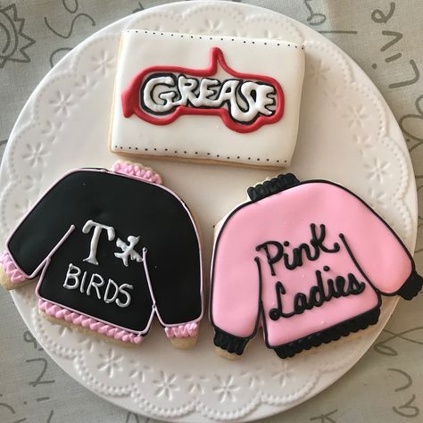 Alexandria Serrano on Instagram: “Grease cookies! #grease #greasecookies #tbirds #pinkladies #homecookedcatering #cookiefavors #ediblefavors #handmade #homemade…” Sock Hop Crafts, Grease Cookies, Grease Birthday Party Ideas, T Birds Grease, Grease Themed Parties, Grease Theme, 50th Birthday Party Themes, 50s Theme, 50s Theme Parties