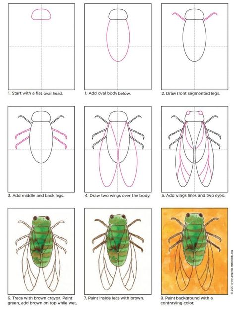 How to Draw a Cicada · Art Projects for Kids How To Draw A Cicada, Cicada Activities For Kids, Cicada Craft, Cicada Drawing, How To Draw Insects, Insect Art Projects, Cicada Art, Bugs Drawing, Insect Crafts