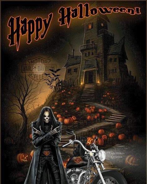 Biker Halloween, David Mann Art, Harley Davidson Quotes, Harley Davidson Pictures, Harley Davidson Artwork, Harley Davidson Logo, Harley Davidson Art, Halloween Flyer, Lady Riders