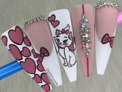 Cartoon Characters Nail Art, Disney Valentines Nails, Cartoon Character Nail Art, Nail Art Cartoon, Disney Princess Nail Art, Princess Nail Art, Aesthetic Nail Art, Coquette Nail, Nails Girly