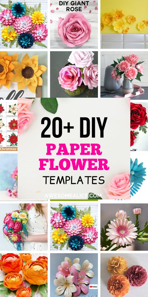 These 20+ DIY paper flowers templates are the perfect addition to any DIY gift project or decor piece. Use your Cricut or Silhouette machine. Dahlia Paper Flower Template, Cricut Paper Flowers Projects, Free Paper Flower Templates Printables, Cricut Flowers Templates, Paper Flower Template Free Printable Pdf, Paper Flower Templates Free Printable, Paper Flowers Cricut, Paper Flower Backdrop Diy, Free Paper Flower Templates