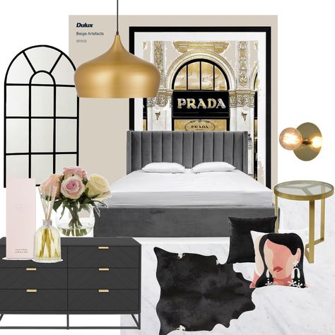 Hollywood Glam Bedroom, Ethereal Space, Gold Framed Art, Shade Pendant Light, Design Mood Board, Light Hardwood Floors, Glam Bedroom, Room Diffuser, Outdoor Mirror