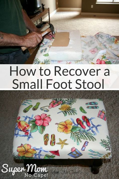 Learn how recover a small footstool in this step-by-step tutorial. An easy project that even someone who has never reupholstered anything before can tackle. #upholstery #upcyclingproject Diy Footstool, House Renos, Small Footstool, Make A Pillow, Homemade Ideas, Upholstery Ideas, Upholstered Footstool, Upholstery Tacks, Reupholster Furniture