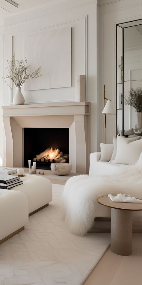 Large White Living Room, Beige And White Interior, Contemporary White Living Room, Neutral Living Room With Fireplace, Living Room White Fireplace, White And Beige Living Room, Neutral Sofa Living Room, Living Room Fire Place, Living Room White Sofa