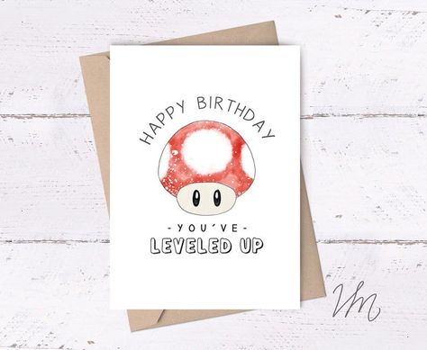 Happy Birthday, Level Up Mushroom Card * printable birthday card for gamers, mario bros cards, mario mushroom card, cute gamer birthday card Creative Birthday Cards Diy Handmade, Birthday Card Inspiration, Mushroom Card, Kartu Ulang Tahun Diy, Happy Birthday Cards Handmade, Happy Birthday Cards Diy, Creative Birthday Cards, Gamer Birthday, Anniversaire Diy