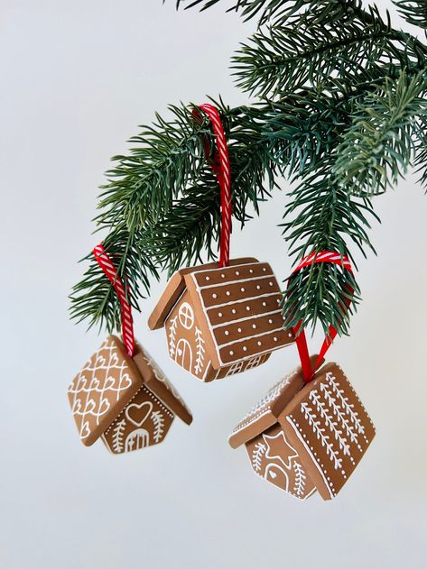 Clay Gingerbread House, Clay Gingerbread, Gingerbread House Candy, Mini Gingerbread House, Auction Basket, Mini Clay, Pottery Ornaments, Gingerbread Christmas Decor, Christmas Houses