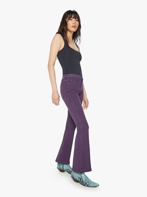 Sweet. This cult-favorite flare has a mid rise with a 31-inch inseam and a clean hem. The pant is made from a cotton blend with a touch of stretch in a blackberry-purple. Made in Los Angeles. Style No. 1585-753-BBC Purple Wisteria, Vacation Accessories, Mother Jeans, Suit Shoes, Jean Flare, Cordial, Lace Up Ankle Boots, Mid Rise Jeans, Pant Shirt